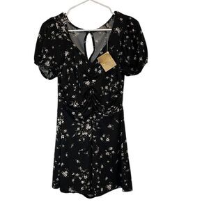 Floral Puff Sleeve Romper‎ Black White Daisy Print Ruched Front Summer Playsuit